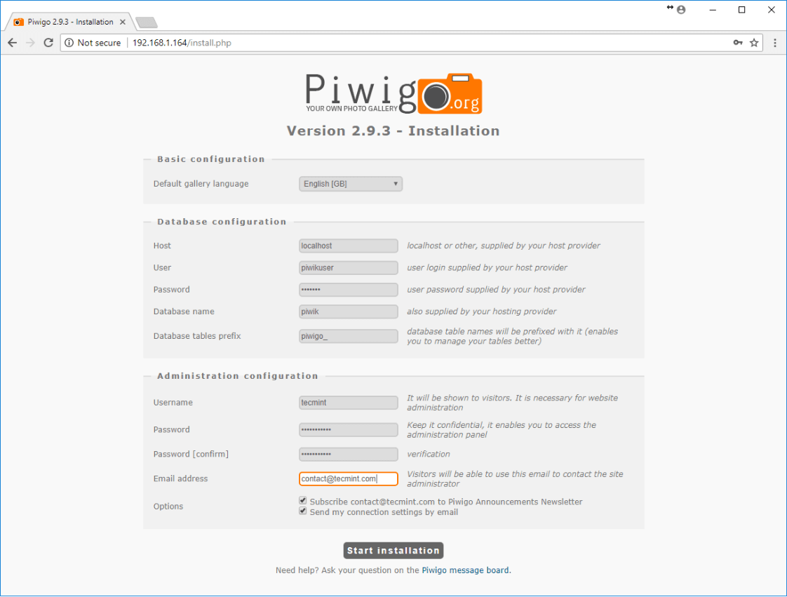 Piwigo Installation Configuration