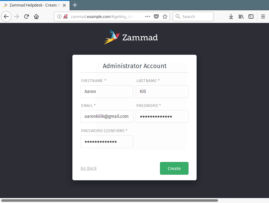 Create Zammad Admin Account
