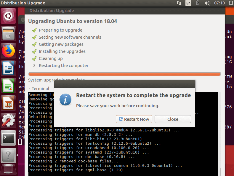 Restart Ubuntu to Complete Upgrade