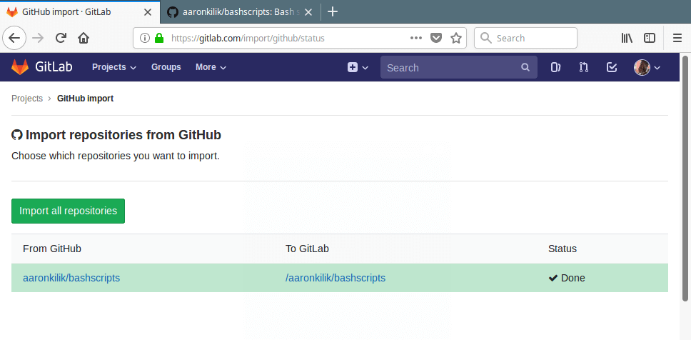 Github Repositories Imported to Gitlab