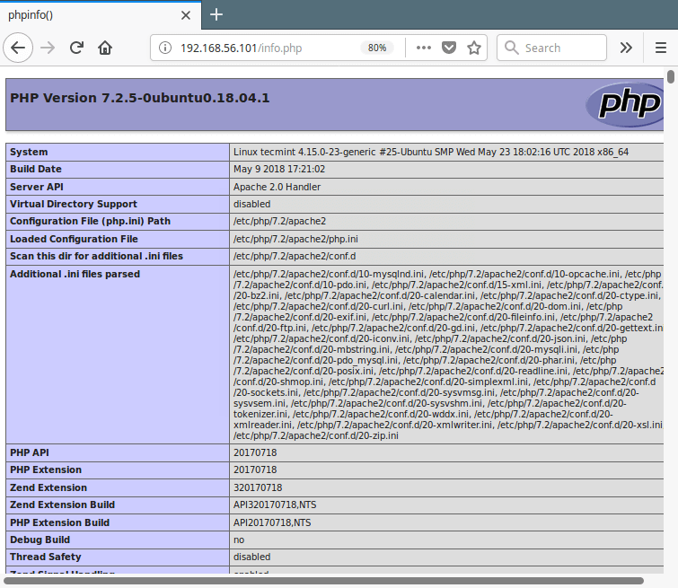  Probar información de PHP en Ubuntu 18.04 