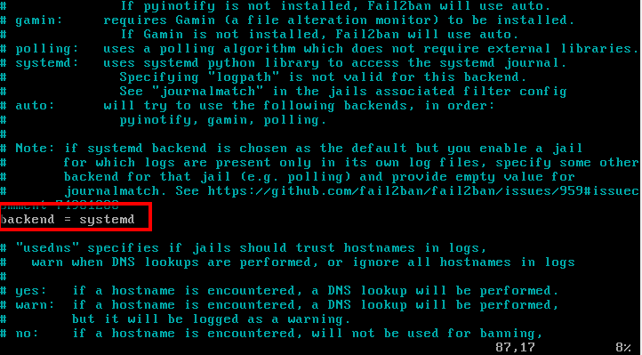 Enable Backend in Fail2ban