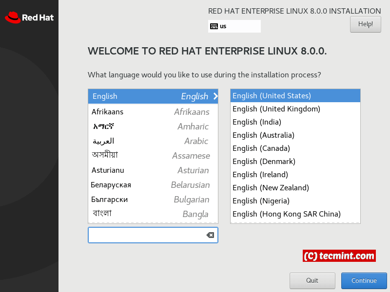 RHEL 8 Language Selection