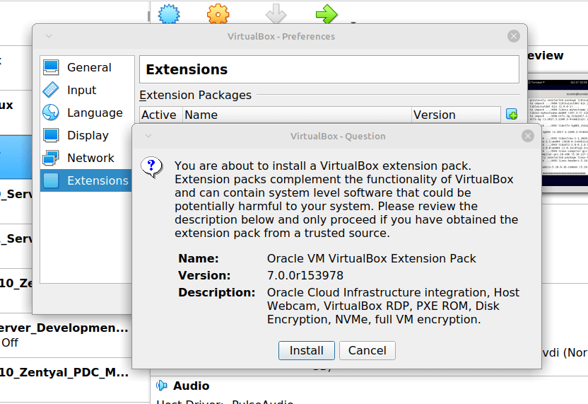 Install VirtualBox Extension Pack on Linux