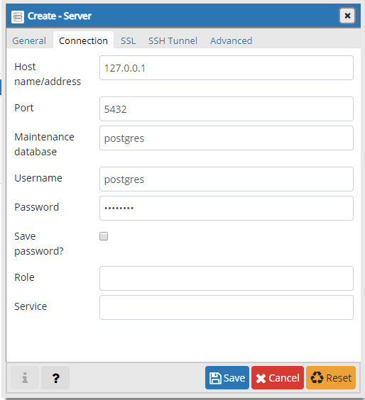 PgAdmin4 Server Connection Settings