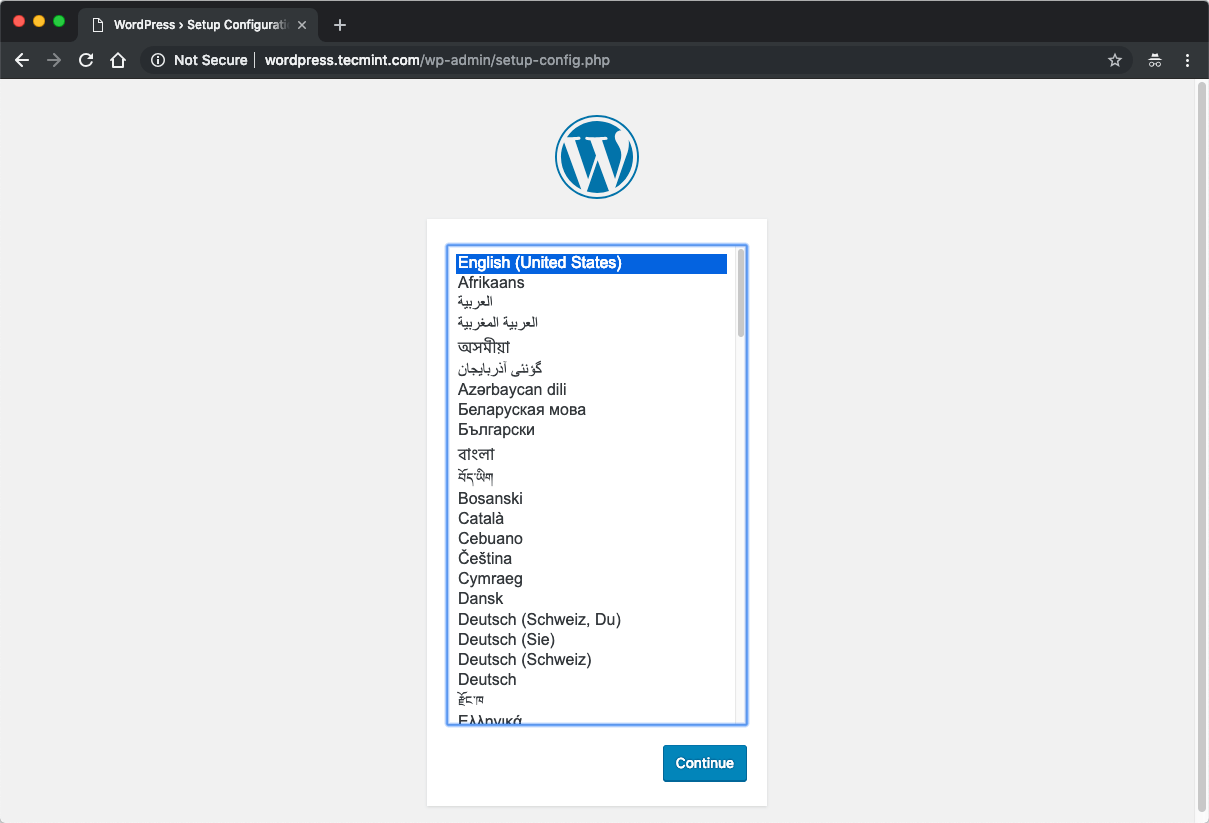 Wählen Sie WordPress Install Language