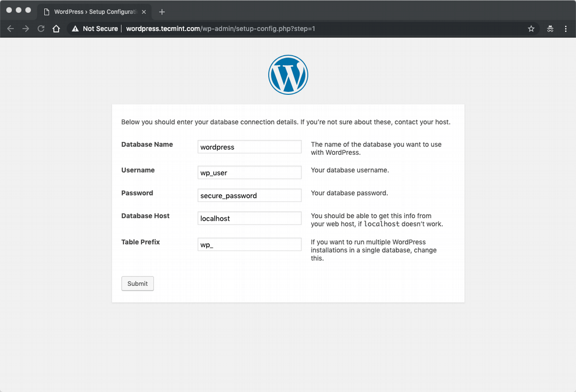 WordPress Database Settings