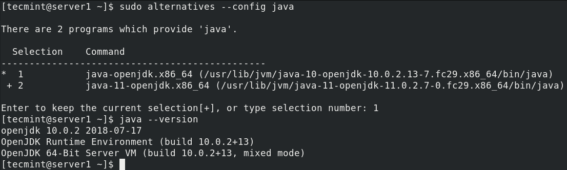 Switch Java Version in Fedora