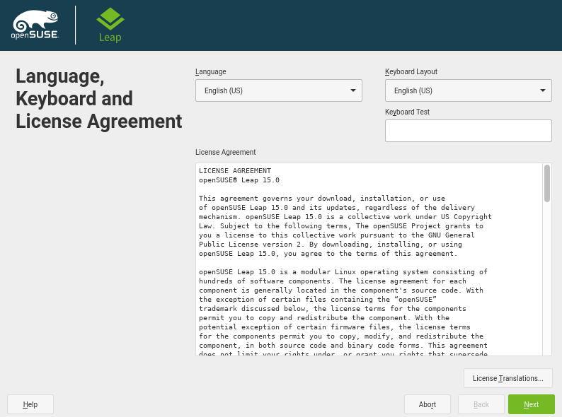 Select Language, Keyboard and License Agreement