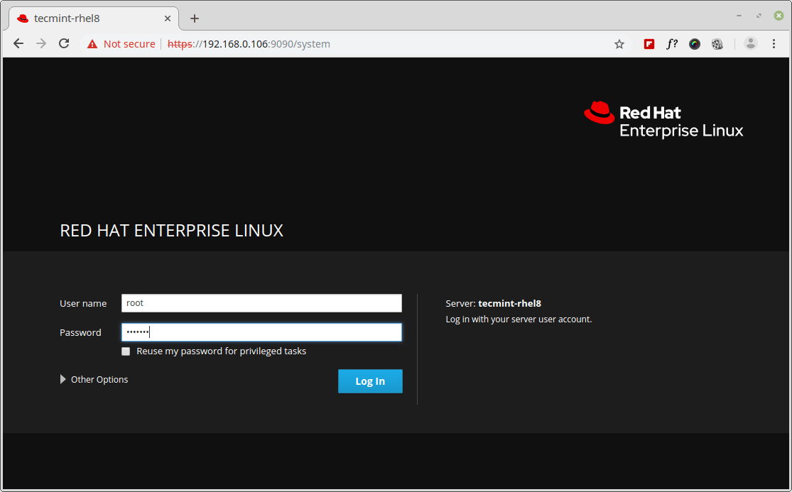 RHEL 8 Web Console Login