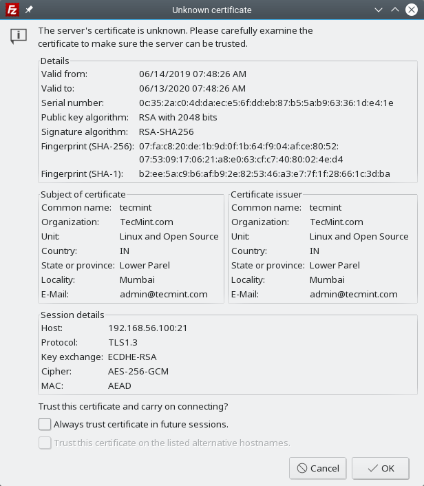 Akzeptieren Sie das SSL-Zertifikat, um FTP zu verbinden