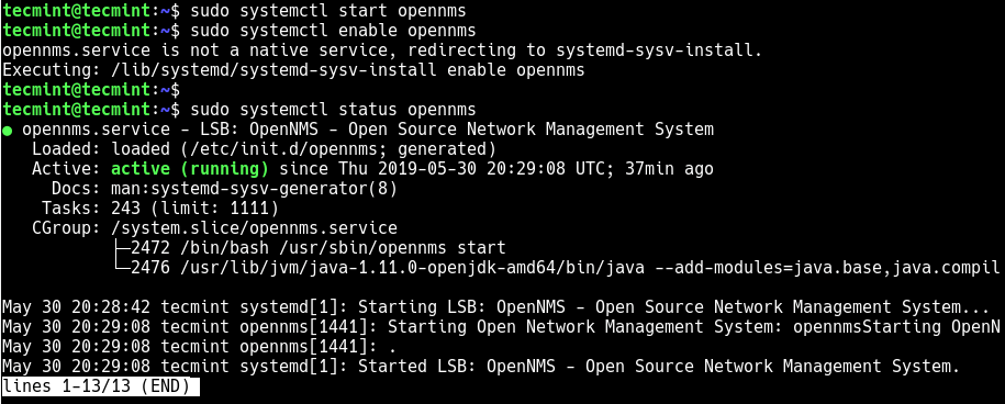  Iniciar y verificar el servicio OpenNSM 