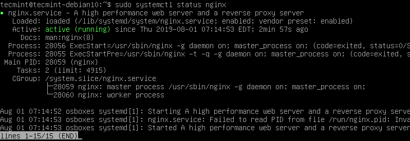  Verificar el estado de Nginx en Debian 10 