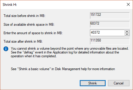 Set Shrink Volume Space