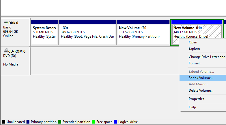 Shrink Windows Volume for CentOS Installation