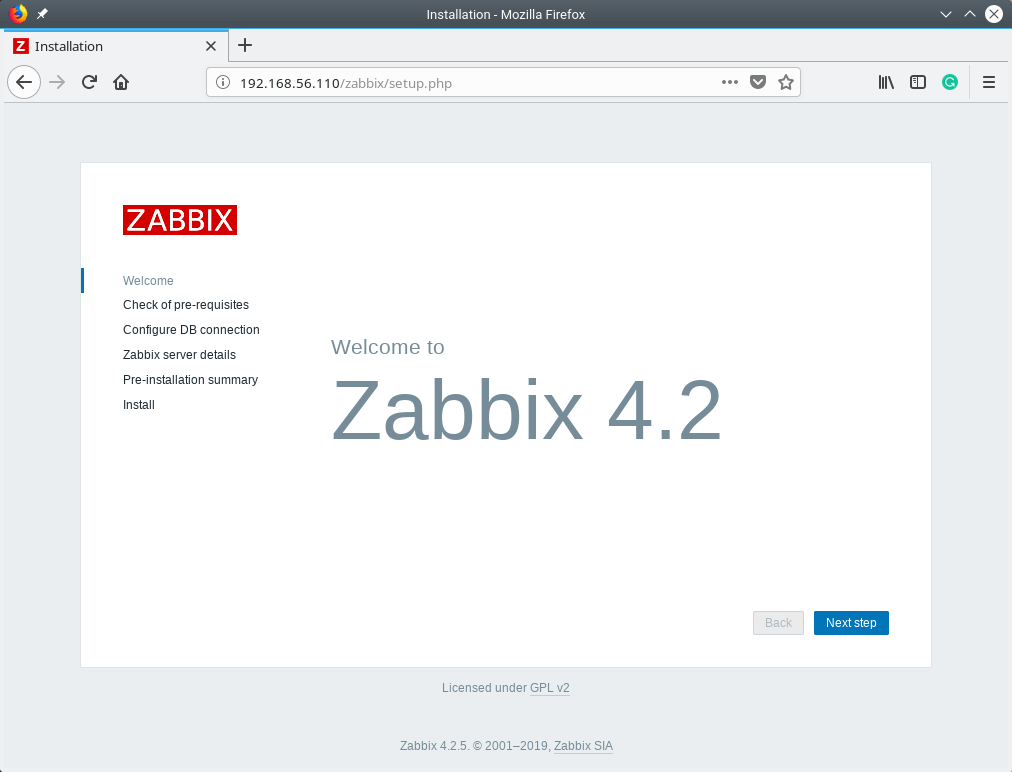  Página de bienvenida de Zabbix 