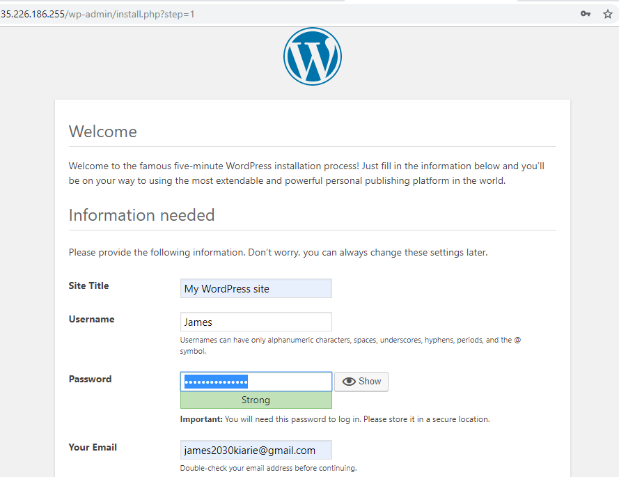 Agregar WordPress Detalles del sitio 