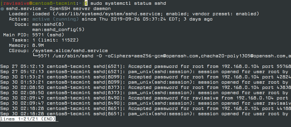 Check SSH Status in CentOS and RHEL 8