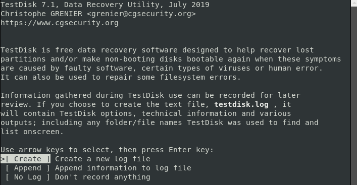 Create TestDisk Data Log File