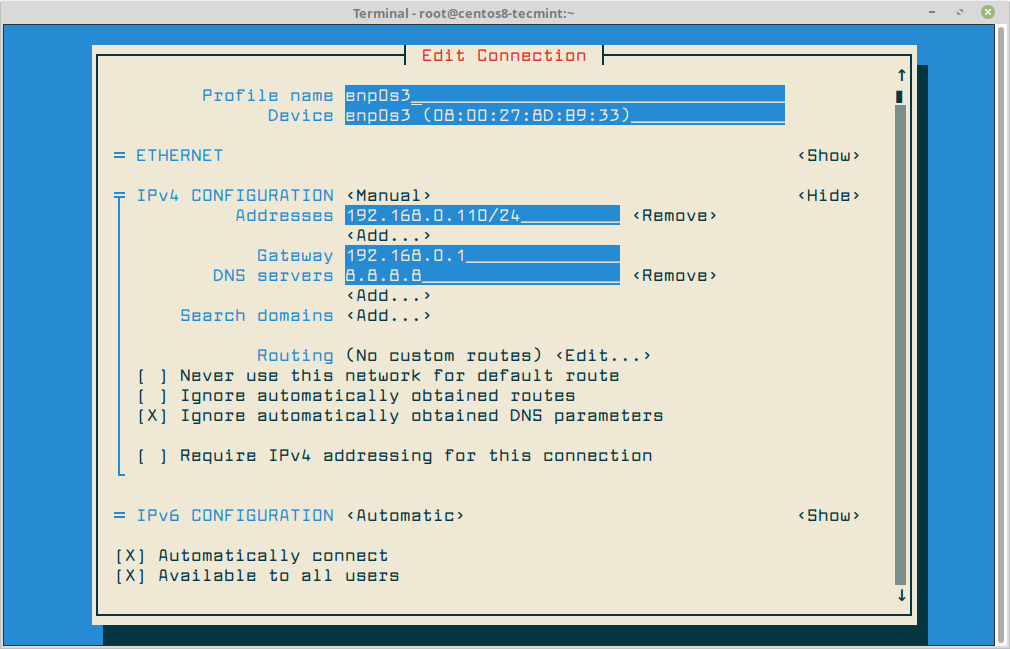 Stellen Sie die statische IP unter CentOS 8 ein