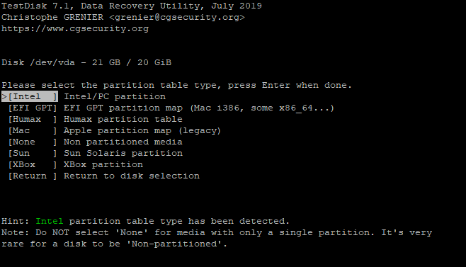 TestDisk Select Partition Table