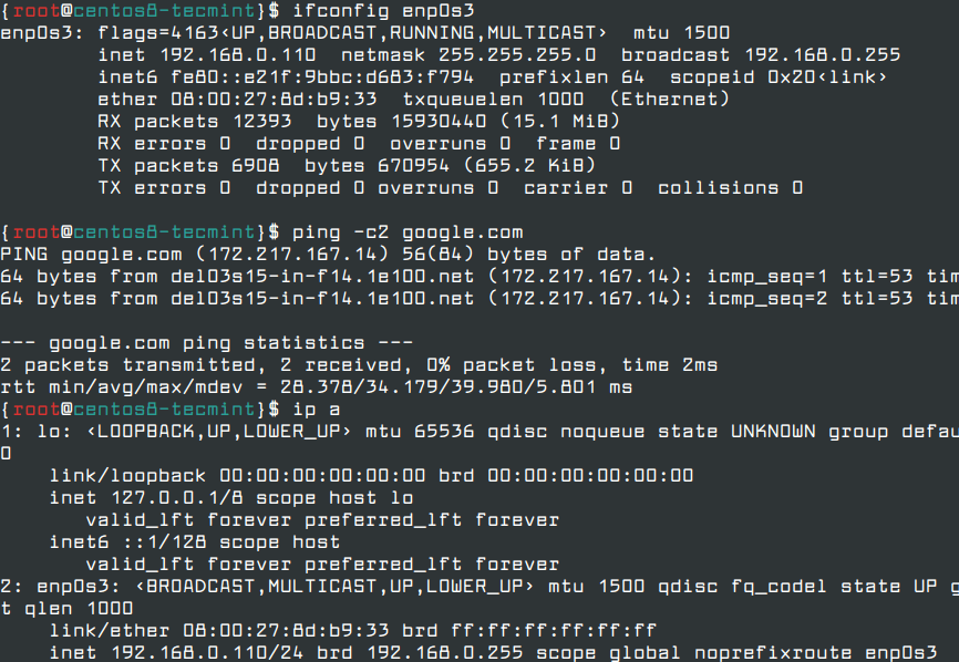 Verify Network Settings in CentOS 8