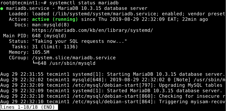  Comprobar el estado de MariaDB en Debian 