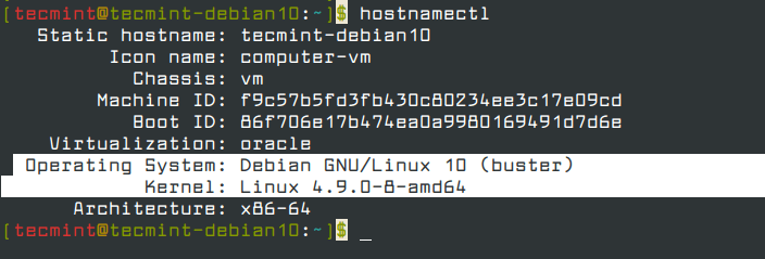  hostnamectl-Imprime la versión Debian y la versión del kernel 
