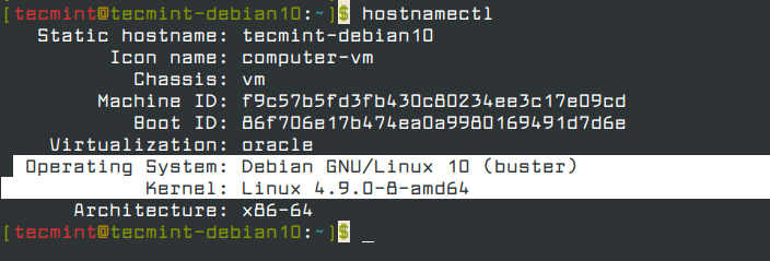 hostnamectl - Print Debian Version und Kernel Version