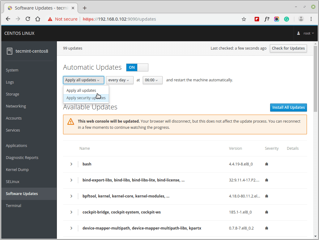 Cockpit - Set Automatic CentOS 8 Updates