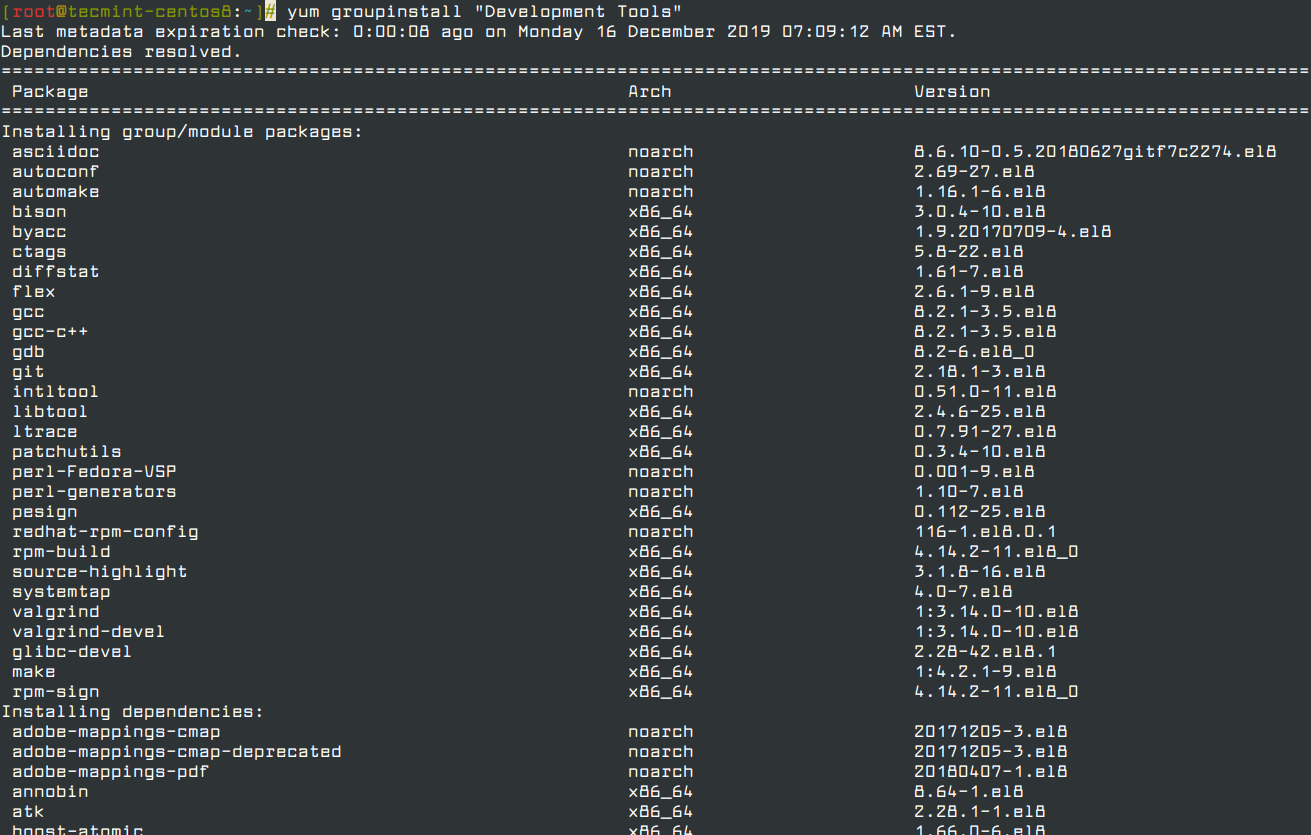 Install Development Tools in CentOS 8