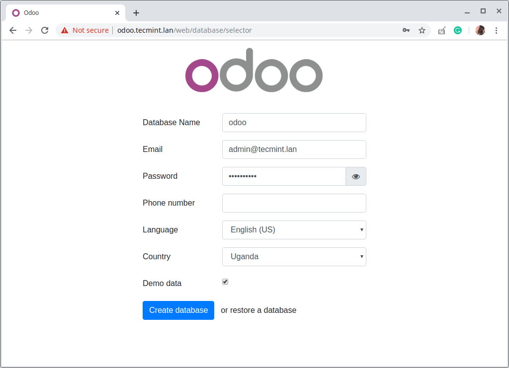 Datenbank für Odoo erstellen