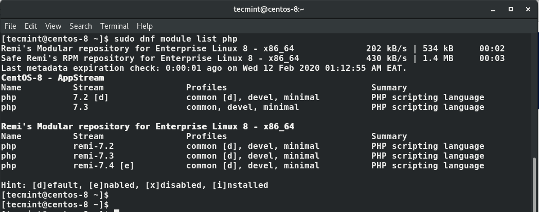  Lista del módulo PHP en CentOS 8 