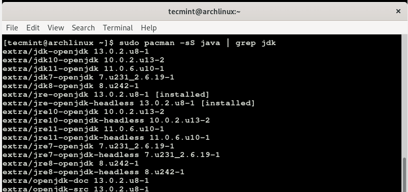 Search Java JDK Version in Arch Linux