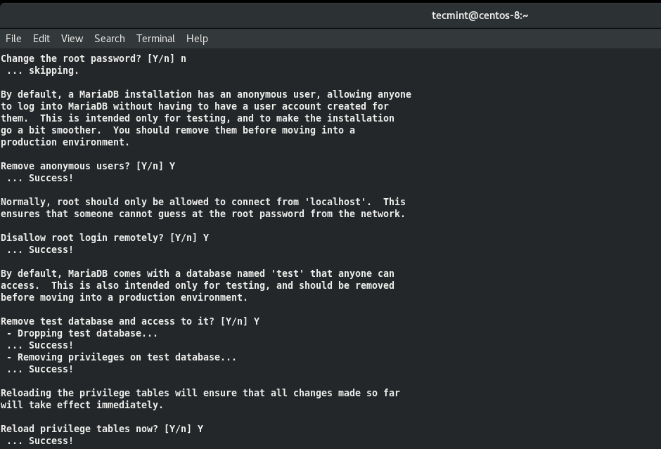 Secure MariaDB Installation Summary