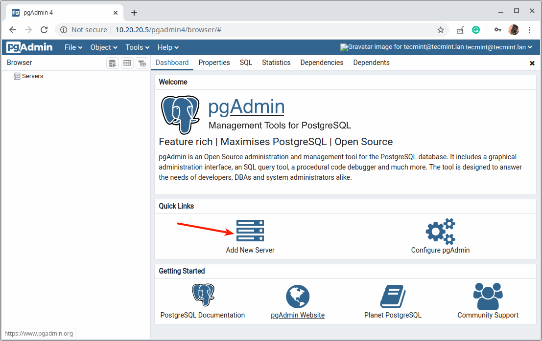  Agregar nuevo servidor en PgAdmin 