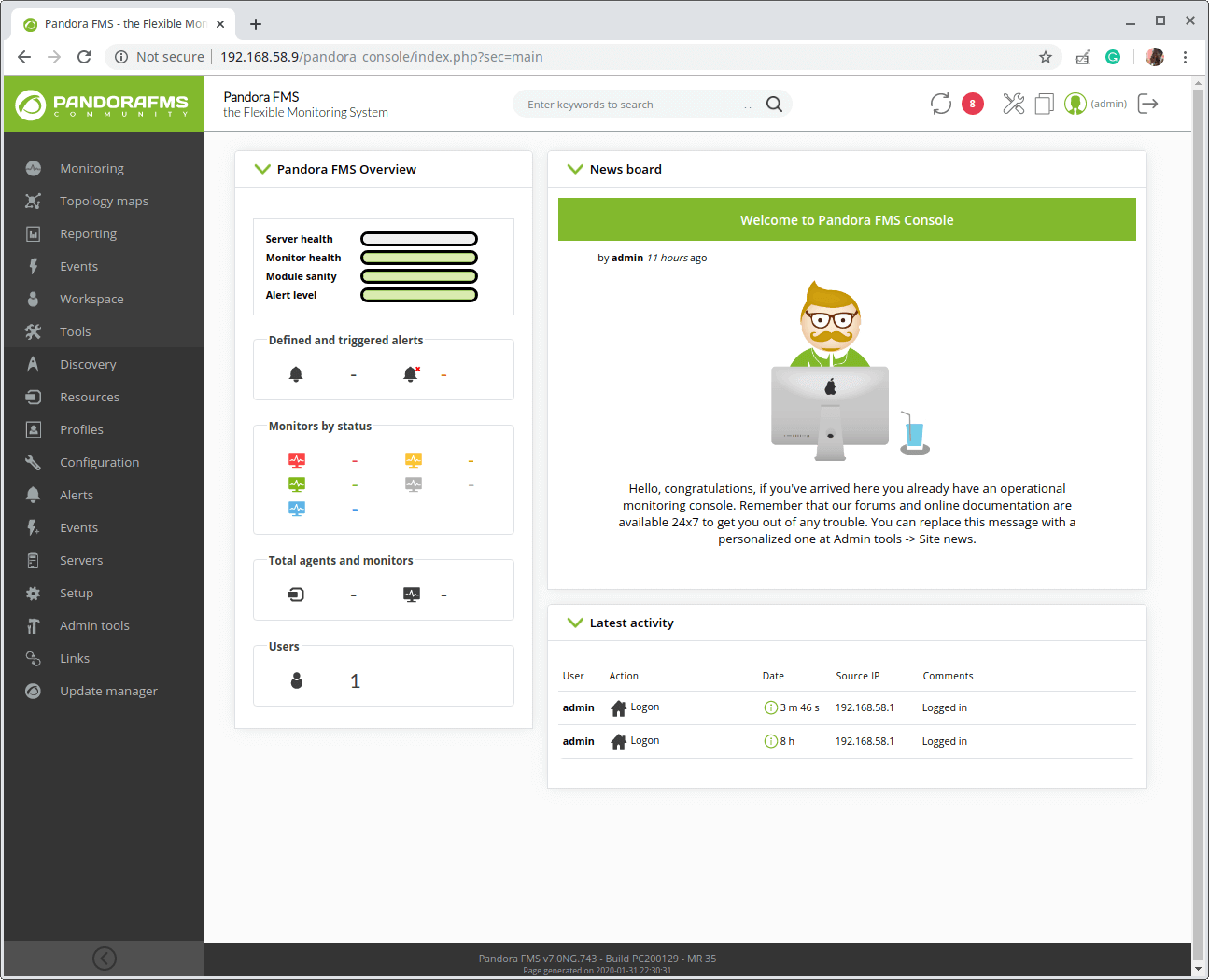 Standard-Dashboard der Pandora-Konsole