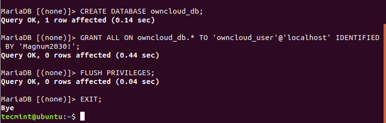 Create OwnCloud Database in Ubuntu