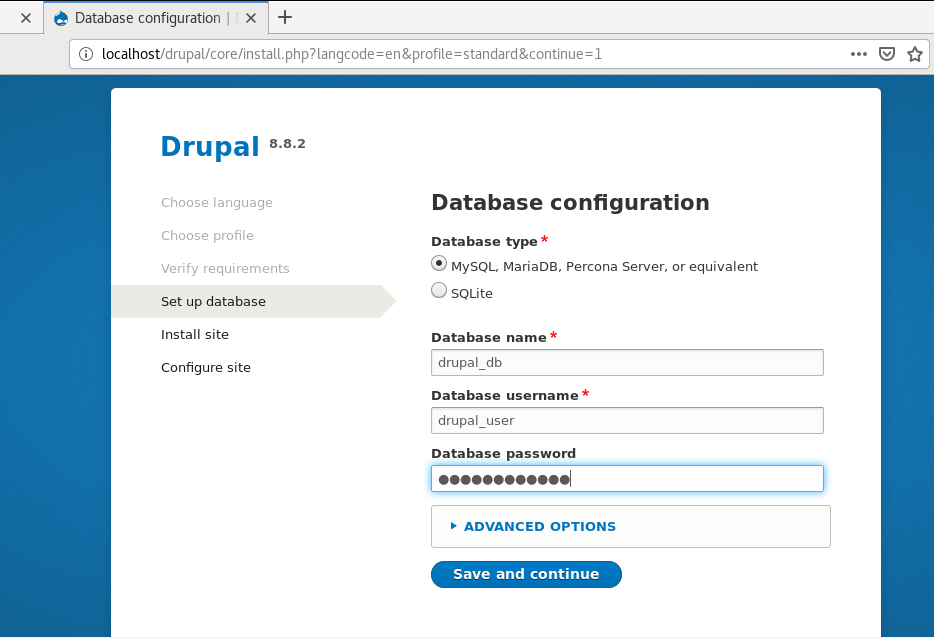  Configuración de la base de datos Drupal 