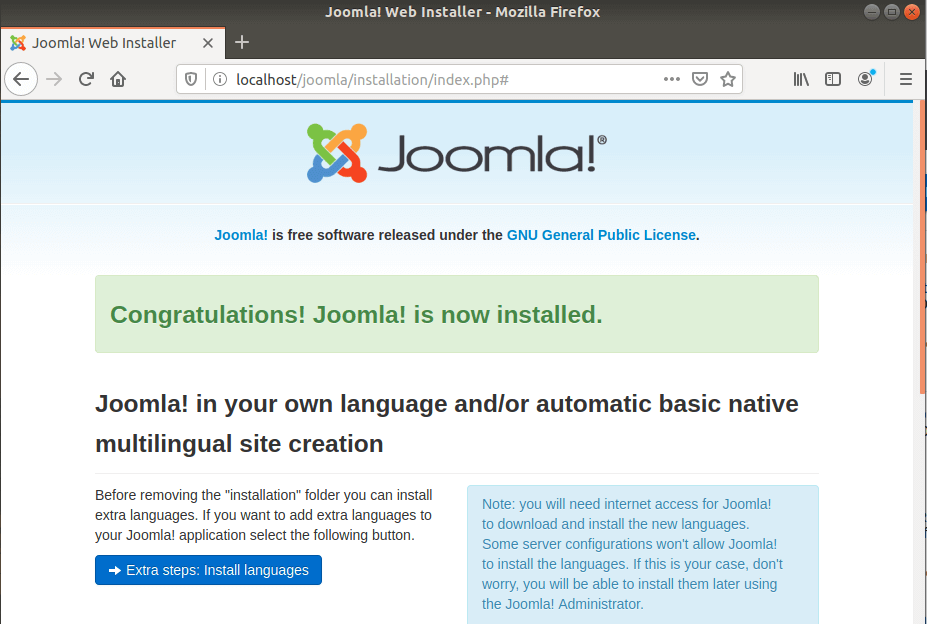 The Joomla installation is complete