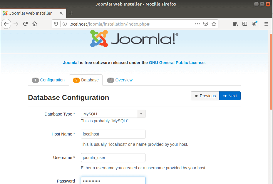  Configuración de Joomla MySQL 