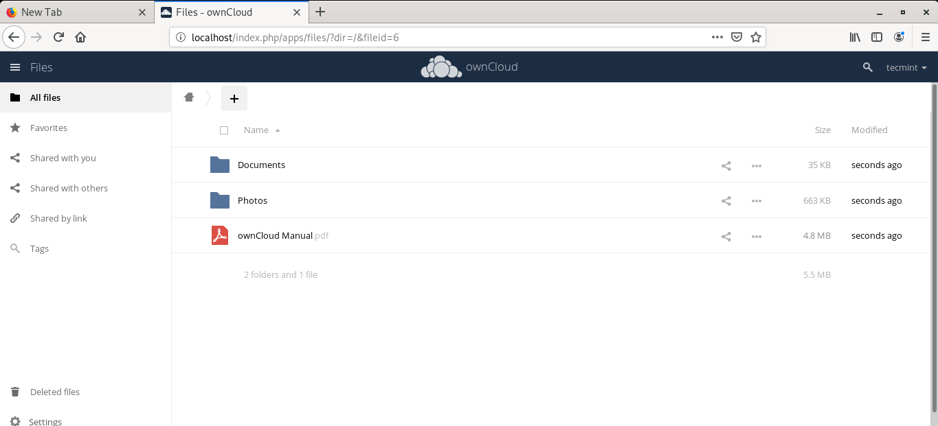 OwnCloud Dashboard Window