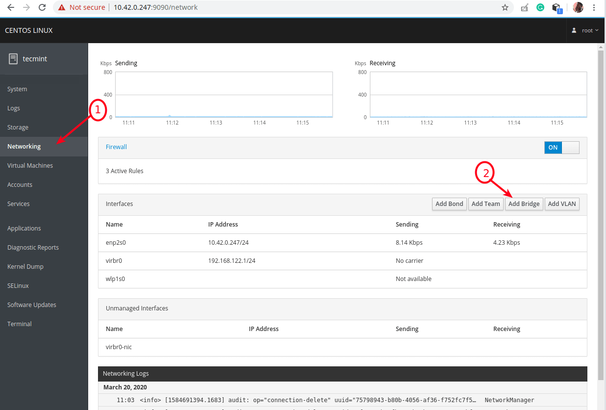 Choose Networking in Cockpit Web Console