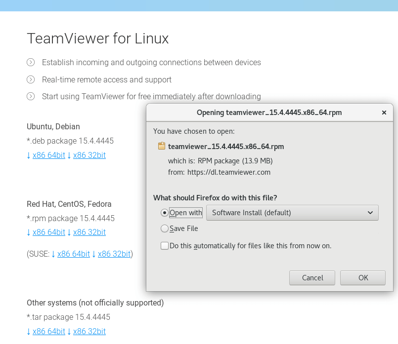 Download TeamViewer in CentOS 8