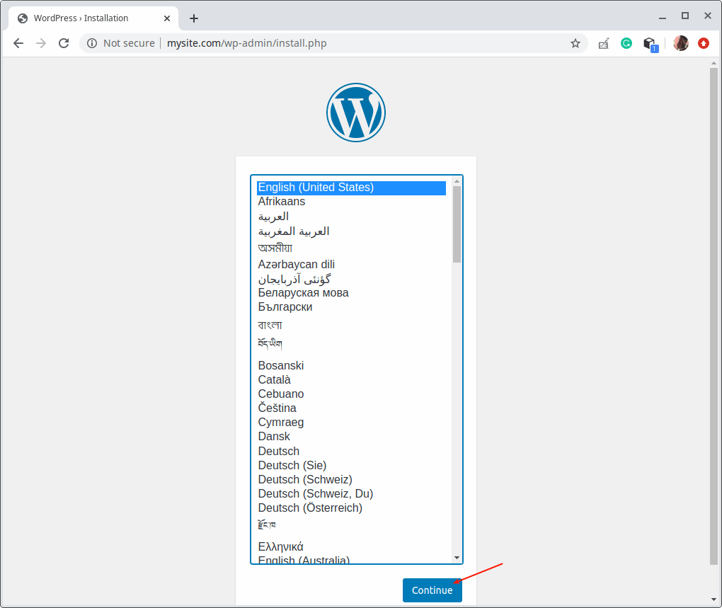 Sélectionner la langue d'installation de WordPress