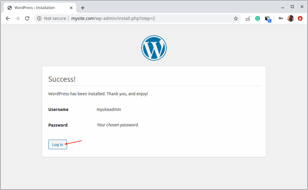 WordPress-installationen er færdig