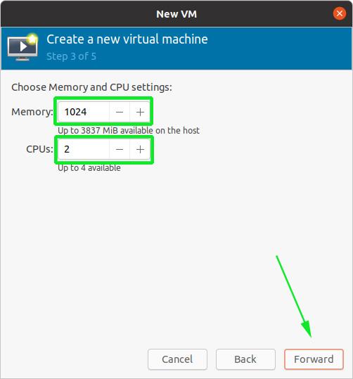 Choose Memory and CPU for VM
