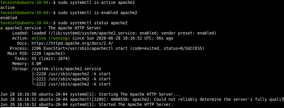 Check Apache Service in Ubuntu 20.04