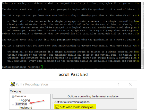 Enable Wrap Mode on Putty