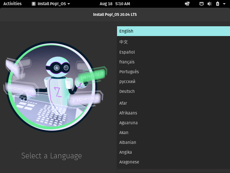 Select PopOS Installation Language